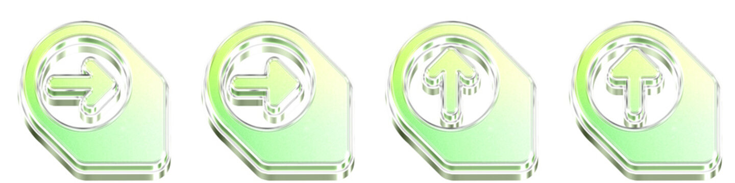 Isolated 3D translucent circled right 2, circled right, circled up 2, and circled up icons with indigo purple gradient. Directional arrows and navigation interface pointers.