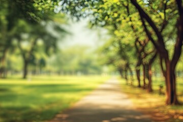 Fototapeta premium Soft focus path lined with trees and dappled sunlight in a park