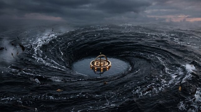 A perfectly still golden gyroscope resting in the center of a violent dark water vortex, symbolizing Stoicism and absolute emotional mastery.