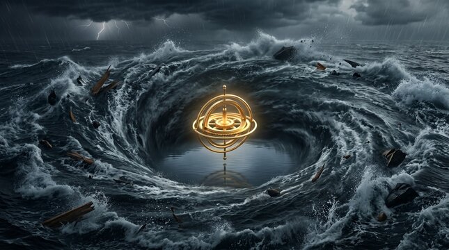 A perfectly still golden gyroscope resting in the center of a violent dark water vortex, symbolizing Stoicism and absolute emotional mastery.