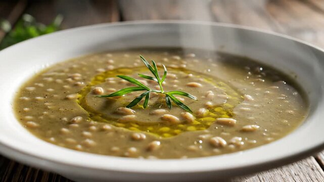 Hearty Lentil Soup with Olive Oil and Rosemary Garnish.