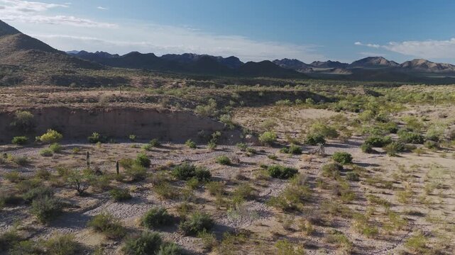 Panoramic Arizona Desert Drone Footage With Valleys, Mesas, Washes, Mountains, And Cactus 
