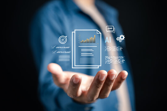 Artificial intelligence concept. Man holding business data hologram for automated reporting, financial growth analytics and workflow strategy.
