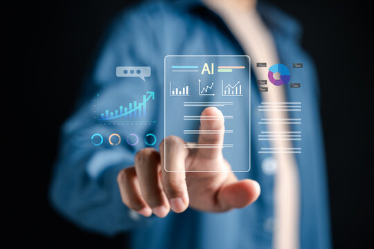 Artificial intelligence and data analytics concept. Man touching digital dashboard hologram for business intelligence and financial growth.