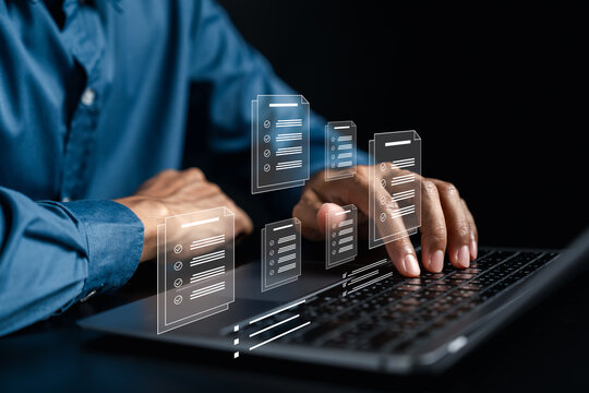 Person typing on laptop with digital document and checklist icon. Document management and paperless office concept.