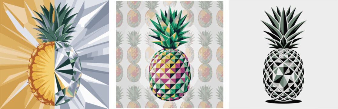Geometric stylized pineapple fruit halves with diverse artistic patterns set.