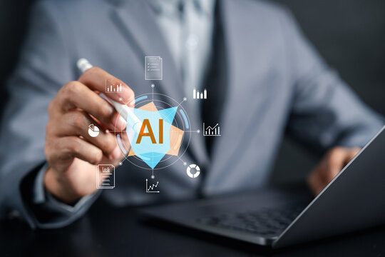 Businessman pointing at artificial intelligence hologram dashboard. Data analysis, machine learning and digital transformation business concept.