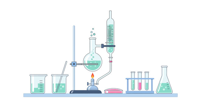 Chemistry laboratory setup with glassware and experiments.