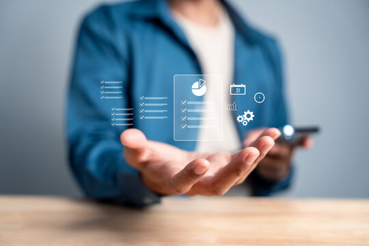 Person holding digital document and calendar icon. Project management, scheduling and time management business concept.