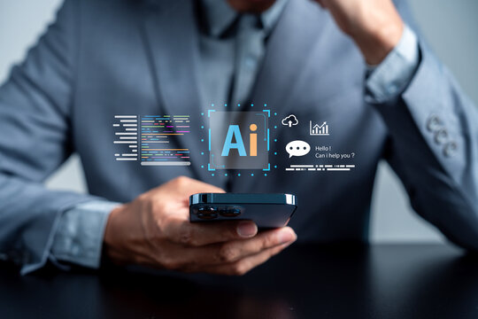 usinessman using smartphone with artificial intelligence digital icon. Chatbot, machine learning and software development concept.