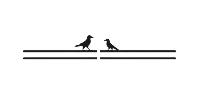 Two black birds perched on parallel lines.