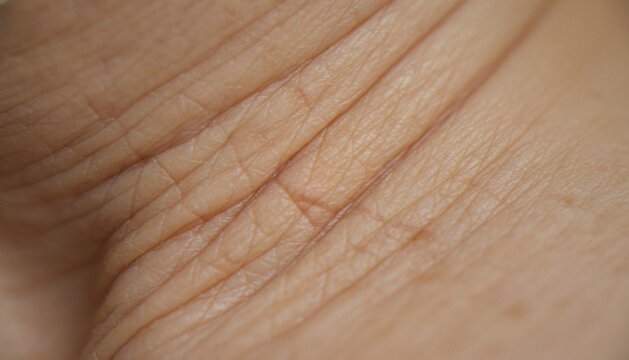 A close-up, macro view of human skin showing detailed texture, fine lines, pores, and natural skin creases.