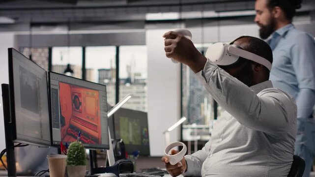 Engineer uses VR glasses to design futuristic video game lobby, creating a fantasy world in cyberspace with software and virtual reality assets. Game developer working in the gaming industry.