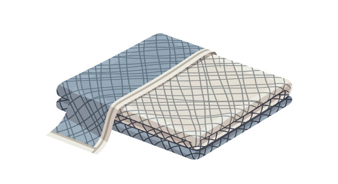 Folded blue and white patterned blankets.