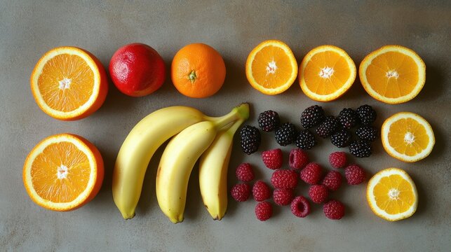 Colorful fruit slices and berries arranged on a textured surface