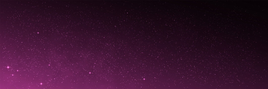 Space background with purple gradient. Bright sparkling stars with soft cosmic glow. Wide color outer space. Glowing universe with constellations. Beautiful Milky Way. Vector illustration.