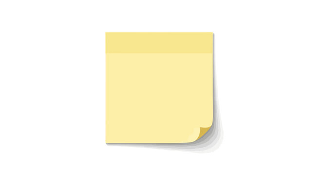 Blank yellow sticky note with curled corner on white background.