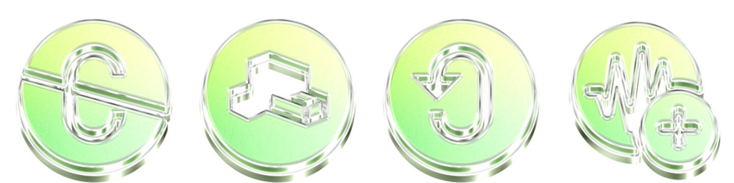 Plastic style 3D icons of creative commons pd, creative commons remix, creative commons sa, and creative commons sampling plus on transparent background. Copyright icon collection.