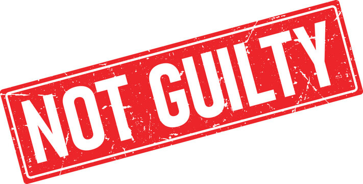 Distressed red rectangular rubber stamp impression announces NOT GUILTY in bold white lettering