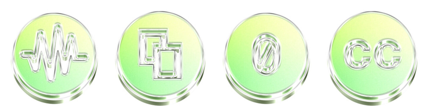 3D rendered metallic icon pack featuring creative commons sampling, creative commons share, creative commons zero, and creative commons. Copyright icon collection and design.