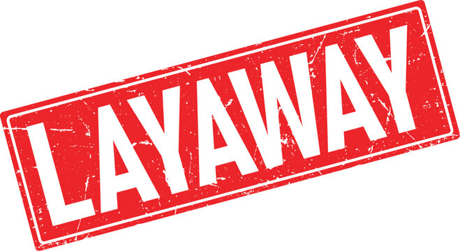 Distressed red rubber stamp impression with white text reading LAYAWAY at an angle
