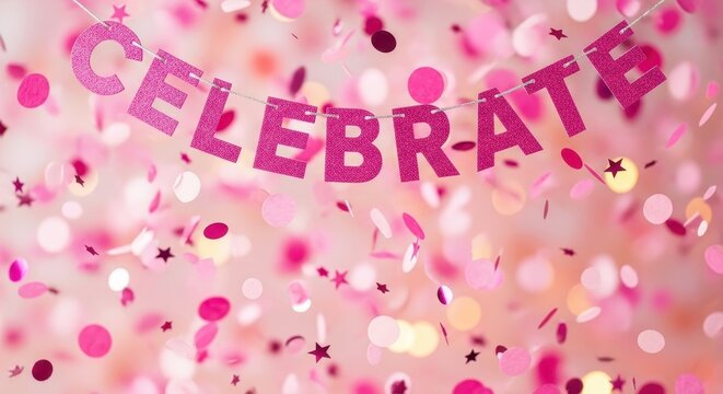 a pink background with confetti and a celebrate banner party decoration in purple letters for a birt