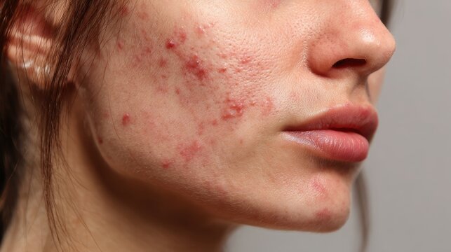 acne on woman face with rash skin, scar, and red skin syndrome allergic to cosmetics, use steroids, dermatology, inflammation, infection, hygiene