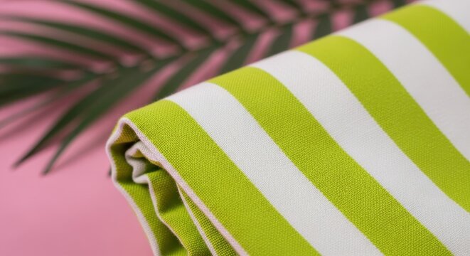 A folded green and white striped fabric with a pink background and palm leaf green fabric white stri