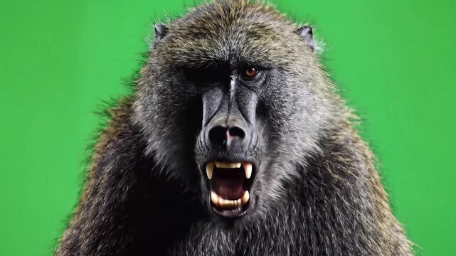 Angry Baboon with Open Mouth and Showing Teeth on Green Screen.