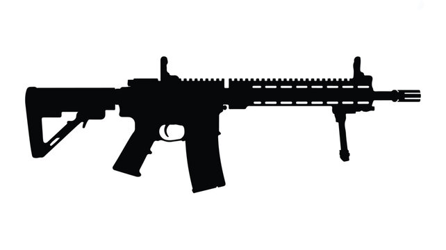 An assault rifle silhouette showcases metallic industrial design