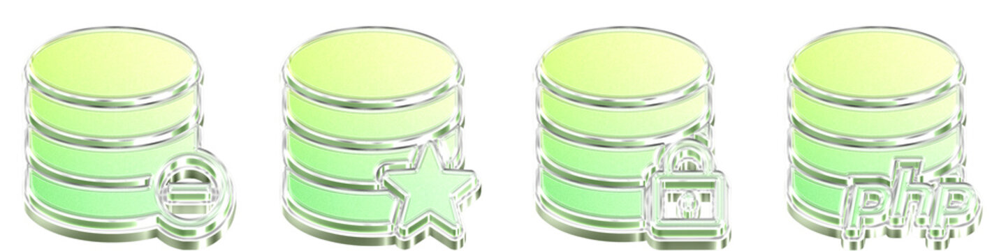 3D icon bundle chrome style - delete database, favorite database, lock database, and php server. Database operations icon collection and design. High quality render design.