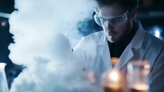 A male scientist performing a chemical experiment in a laboratory with smoke.