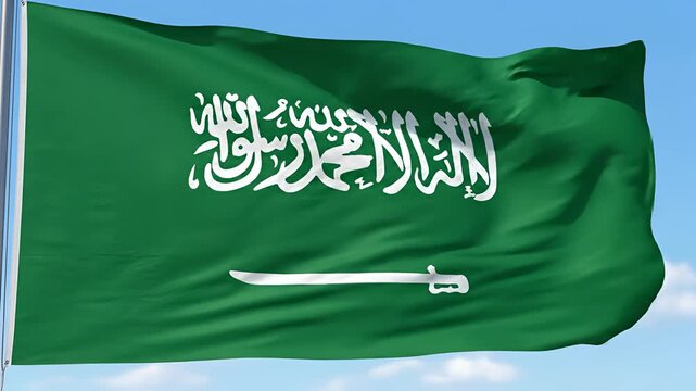 Saudi Arabia Flag Waving in the Wind Against a Blue Sky 1.