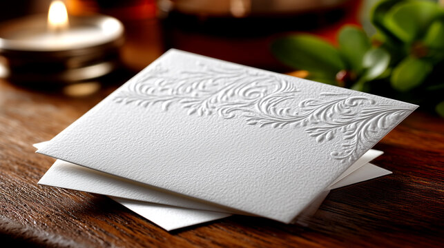 Elegant Embossed Wedding Invitation with Romantic Floral Detail and Candlelight