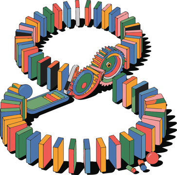 Colorful domino chain reaction forming infinity symbol with gears and device.