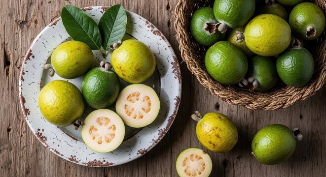 A plate and a basket filled with fresh green guavas on a wooden table fruit on plate green fruit bas
