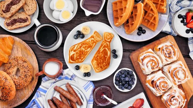 Fathers Day brunch table scene. Above view on a dark wood background. Slow rotating zoom motion. Tie pancakes, mustache toast and a variety of dad themed food.