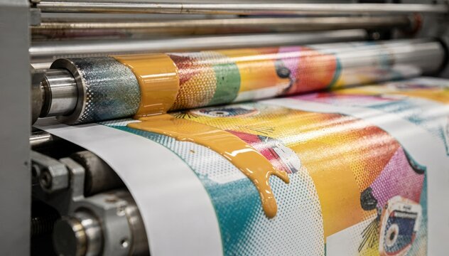 Close medium shot of a multicolor flexographic machine adding a spot varnish finish on printed paper web highlighting surface texture and sheen effects precoating.