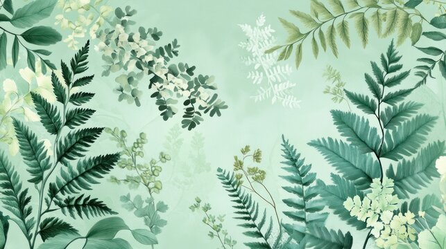 Delicate botanical illustration of ferns and flowers on a soft mint green background
