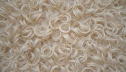 A close-up shot of cream-colored curly faux fur fabric texture. © artvibi