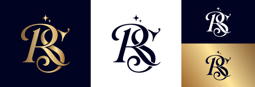 Stylish rs monogram logo design symbol with star and flourishes.