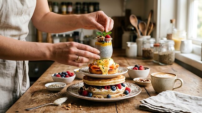 Woman decorating tower of pancakes with egg benedict and chia pudding in kitchen. Creative breakfast stack styling for blog or culinary art. Professional food preparation and presentation.
