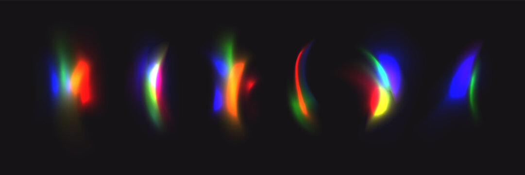 Light Flare Rainbow Prism Effect on Dark Background. Iridescent Crystal Overlay with Holographic Glow, Spectrum Colors, and Realistic Light Refraction Elements.