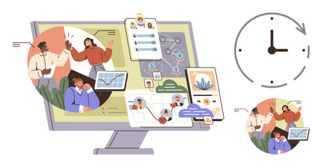 Fototapeta premium Remote work, time management, teamwork, business operations, project scheduling, task completion. A monitor displays collaborative workflows and communication tools. Remote work and time management