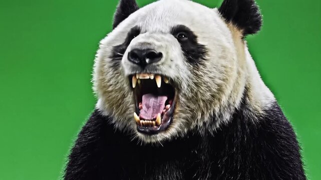 Close-up of a Giant Panda with a Green Background Showing Teeth.