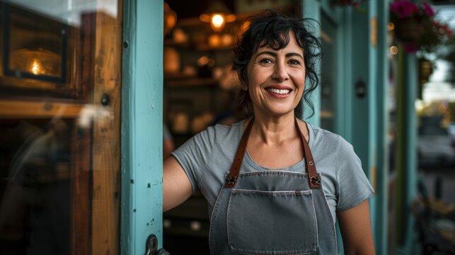 Portrait of a happy owner standing at the door of cefe shop, a cheerful adult waiter waiting for customers at a coffee shop, successful small business owner, professional, service