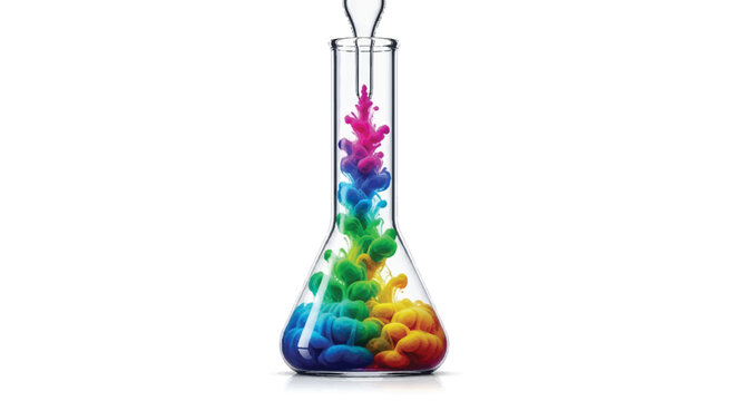 Colorful ink diffusing in a laboratory flask during a science experiment with chemical reaction conical flask erlenmeyer flask fluid dynamics