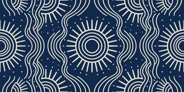 Seamless tribal sun pattern with wavy lines and celestial symbols on navy blue background