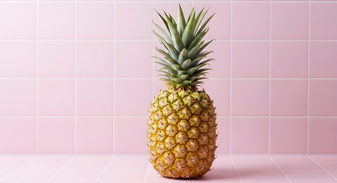 A vibrant whole pineapple stands out against a soft pink tiled wall showcasing tropical freshness and natural beauty