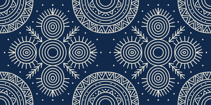 Ethnic seamless tribal pattern with white geometric line art on dark blue background